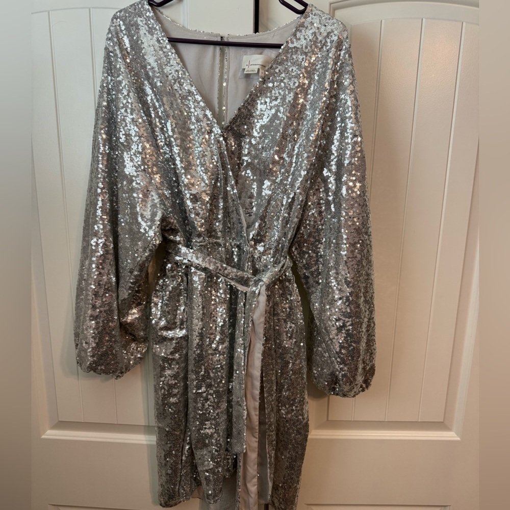 Anthropologie Silver Sequin Faux Wrap Dress with Tie Waist. XL